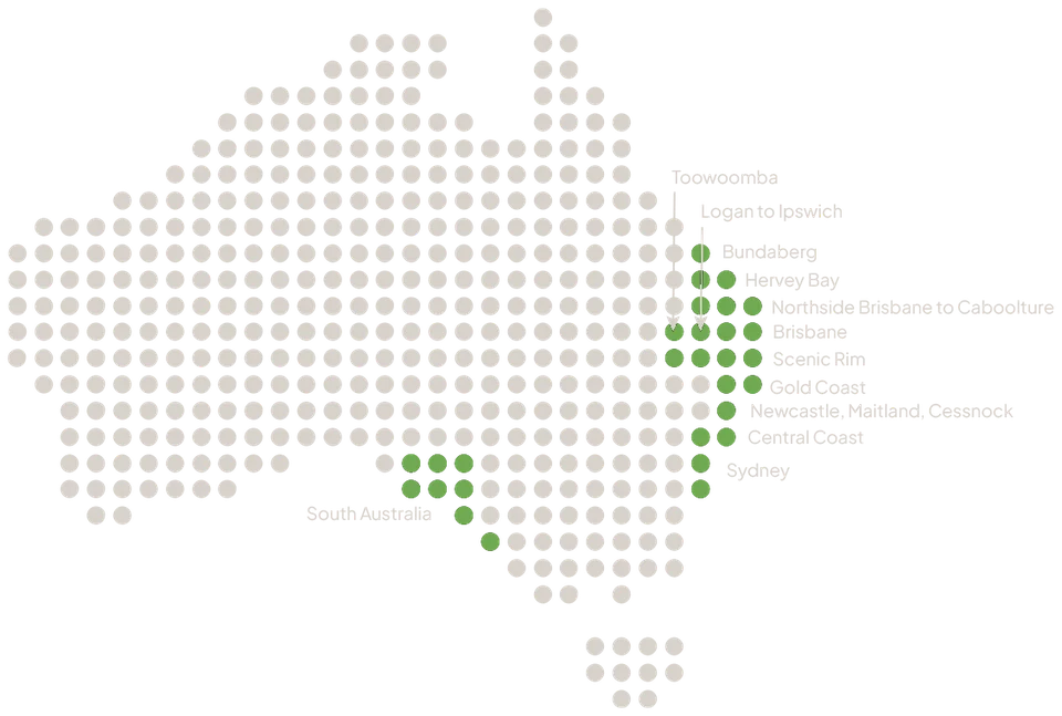 Map of Australia with green dots on the areas G Dev builds in, from Bundaberg down to Sydney, plus South Australia.