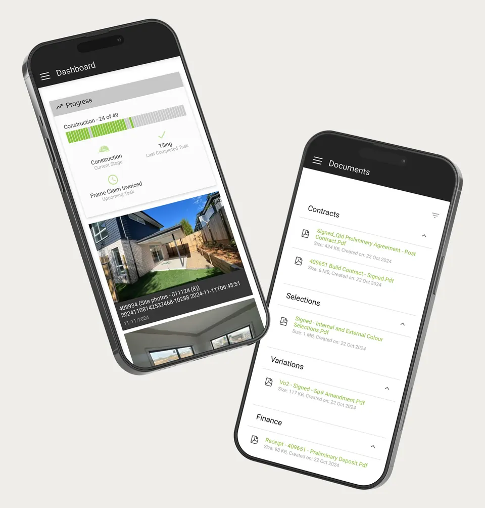 Two phones showing the G Dev owner portal: build progress, a site photo, and signed contracts and receipts.